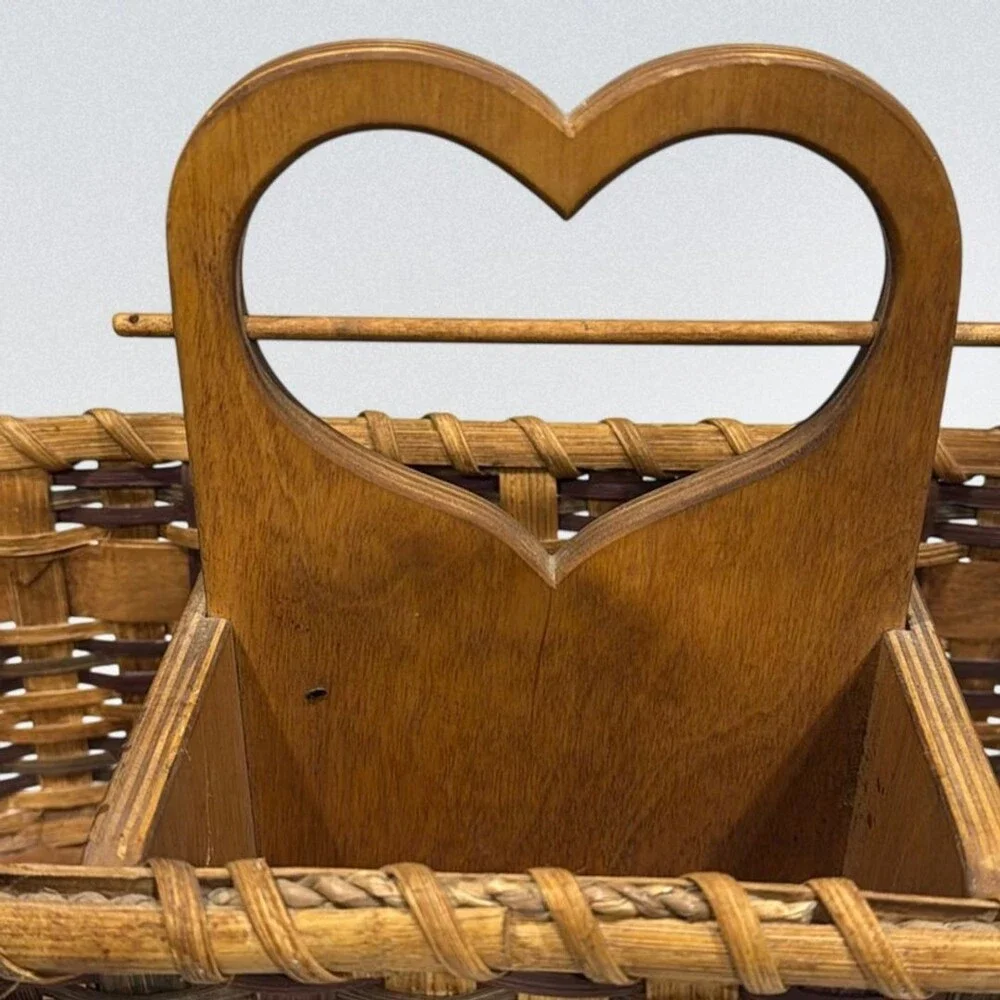 Heart Quilt Maker Caddy Vintage Basket with Wood Bottom & Spooler 19 inch